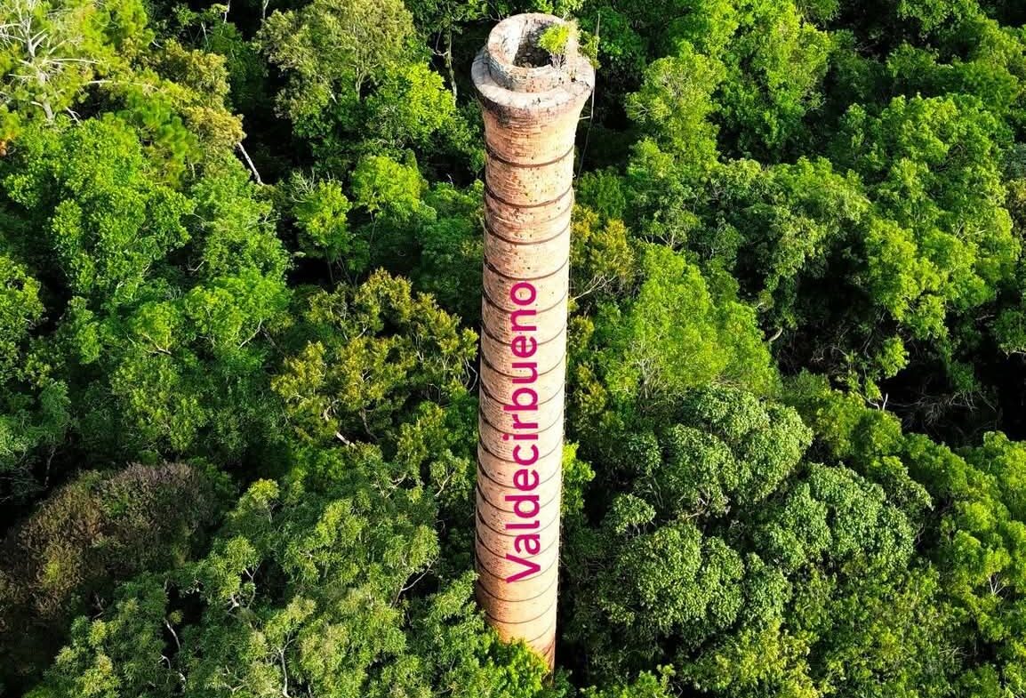 Registro histórico da chaminé da Klabin em Telêmaco Borba, vista de cima, destacando a preservação da memória em meio à floresta.