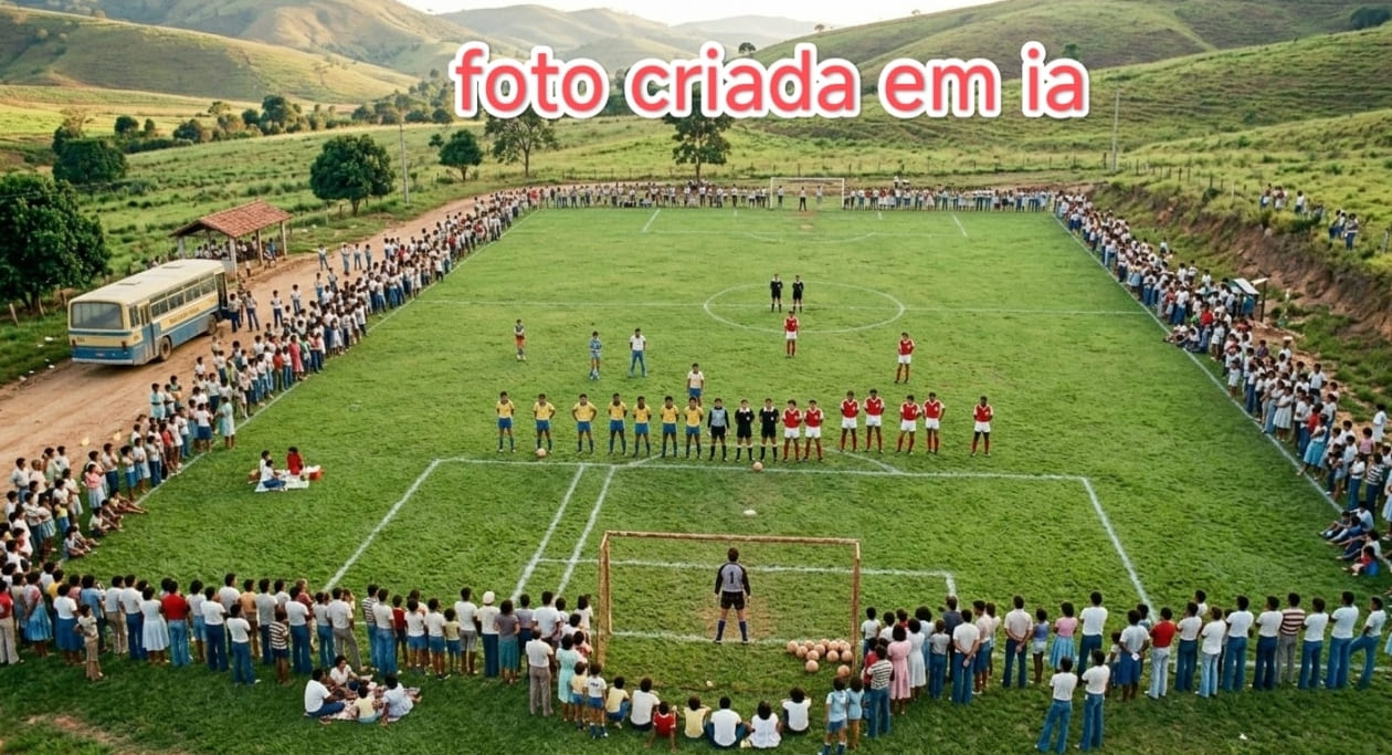 Ilustração colorida gerada por inteligência artificial simulando uma fotografia aérea antiga de época. A imagem mostra um campo de futebol gramado lotado de espectadores por todos os lados. No centro do gramado, dois times de futebol e os árbitros estão perfilados para o início do jogo. À esquerda, avista-se um ônibus antigo estacionado em uma estrada de terra e, ao fundo, uma paisagem montanhosa com colinas verdes sob a luz do dia.