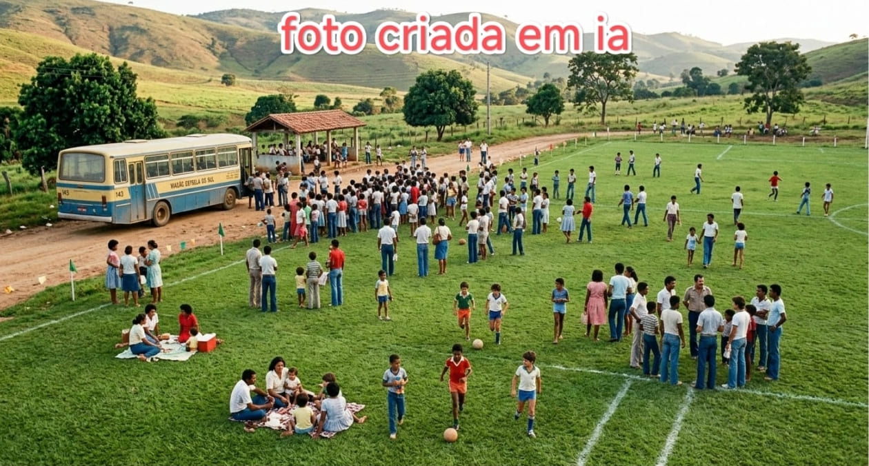 Ilustração colorida gerada por inteligência artificial simulando uma fotografia aérea antiga de época. À esquerda, um ônibus antigo azul e amarelo está estacionado em uma estrada de terra ao lado de um grande campo de futebol gramado repleto de pessoas. Várias famílias e crianças aparecem espalhadas pelo gramado jogando futebol, conversando e fazendo piqueniques, enquanto uma multidão se concentra perto do veículo. Ao fundo, destacam-se morros e colinas verdes sob um céu claro.