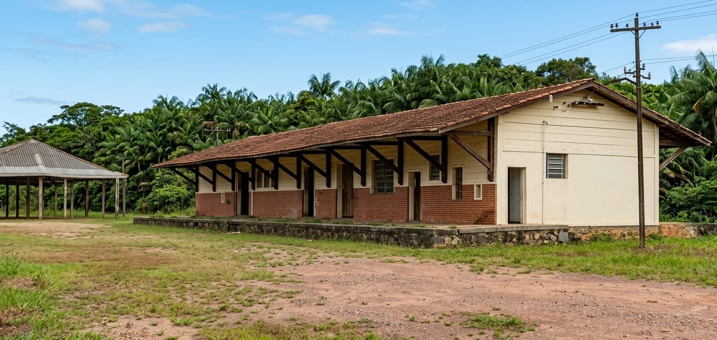 Fotografia panorâmica em sépia de uma rua curva de terra em Telêmaco Borba. No lado esquerdo, uma fileira de casas de madeira com telhados de quatro águas. No centro e à direita, pessoas com roupas de época estão paradas em frente a outras construções de madeira. A imagem transmite o clima pacato do início da vila operária.