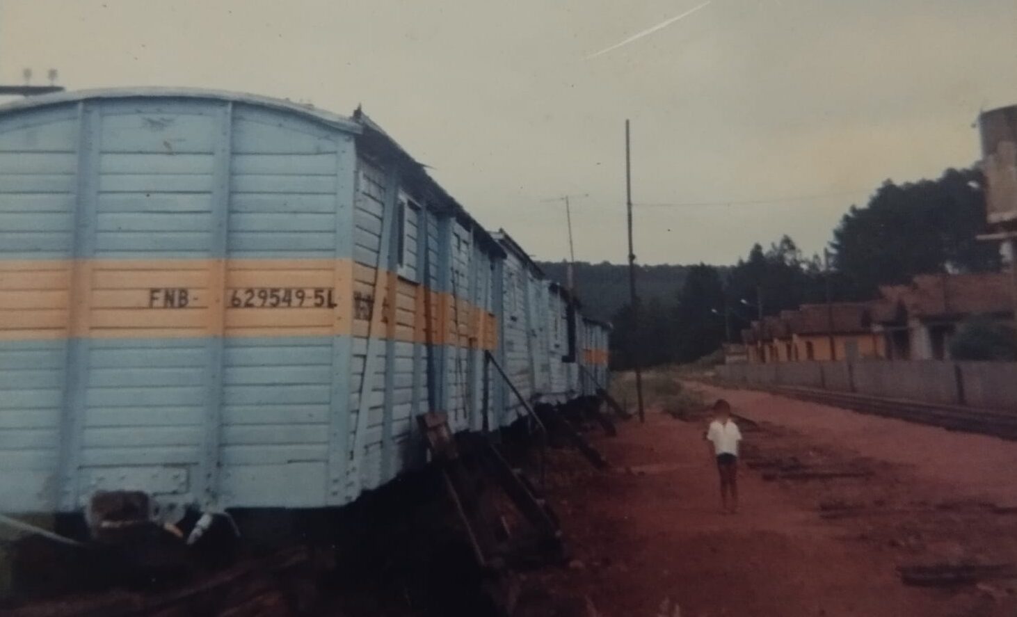Fotografia antiga de época mostrando uma linha de vagões ferroviários de madeira pintados de azul claro com uma faixa central amarela, exibindo a inscrição FNB-629549-5L. No caminho de terra avermelhada ao lado dos vagões, uma criança pequena de camiseta branca aparece de costas. Ao fundo, do lado direito, avista-se uma sequência de casas idênticas de uma vila operária ferroviária sob um céu nublado.