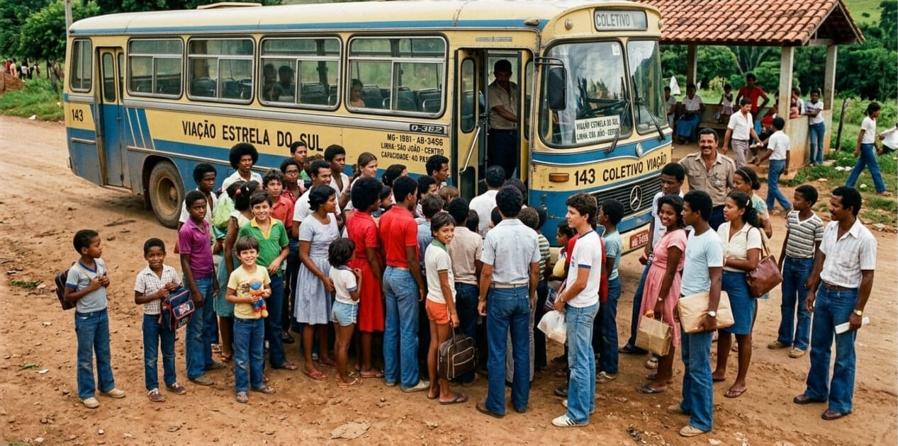 Ilustração colorida gerada por inteligência artificial simulando uma fotografia aérea antiga de época. À esquerda, um ônibus antigo azul e amarelo está estacionado em uma estrada de terra ao lado de um grande campo de futebol gramado repleto de pessoas. Várias famílias e crianças aparecem espalhadas pelo gramado jogando futebol, conversando e fazendo piqueniques, enquanto uma multidão se concentra perto do veículo. Ao fundo, destacam-se morros e colinas verdes sob um céu claro.