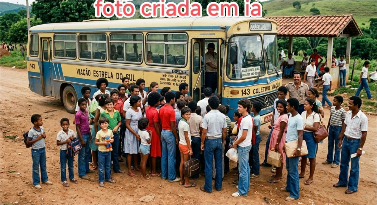 Ilustração colorida gerada por inteligência artificial simulando uma fotografia antiga de época. Um ônibus antigo azul e amarelo da Mercedes-Benz está parado em uma estrada de terra, cercado por uma multidão de adultos e crianças que esperam para embarcar. Ao fundo, há um ponto de ônibus rústico com telhado de barro e colinas verdes sob o céu claro.